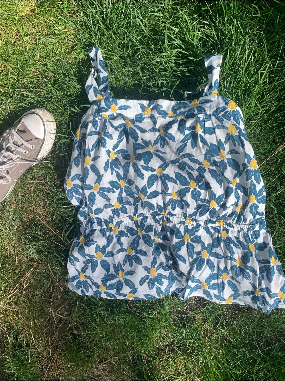 dip yellow and green flower pattern cotton-camisole style top.